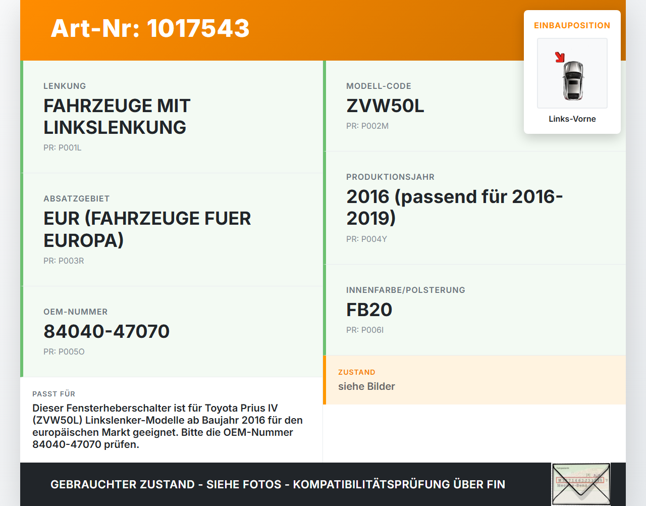 Toyota Prius IV ZVW5 16-19 Fensterheberschalter Schalter Links Vorne Toyota Prius IV ZVW5 16-19 02.09.2016... Vorschau 3