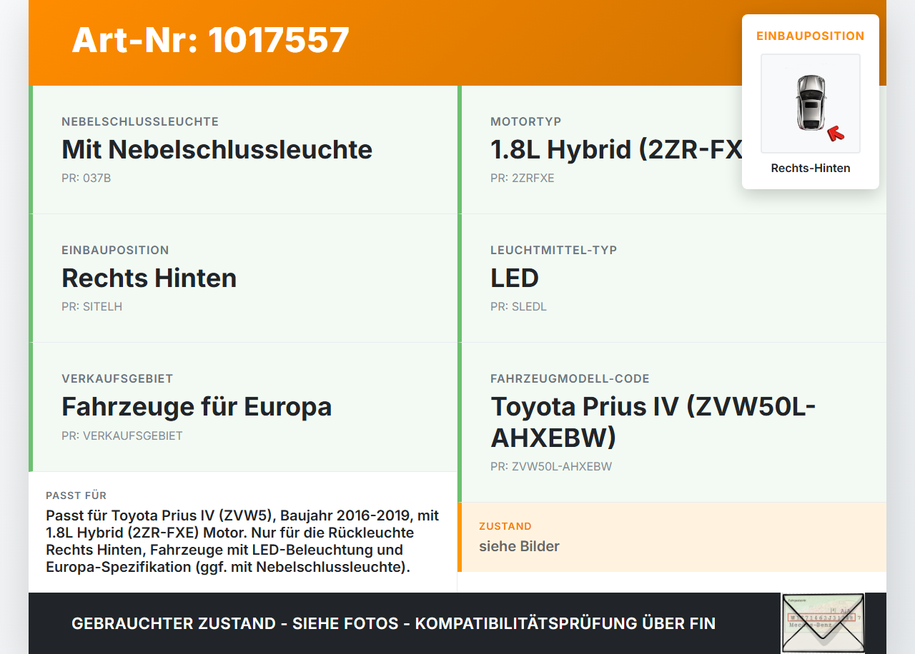 Toyota Prius IV ZVW5 16-19 Hybrid VVT-i 1,8 72KW LED Leuchtmittel für Rückleuchte Rechts Hinten Toyota Prius IV... Vorschau 3