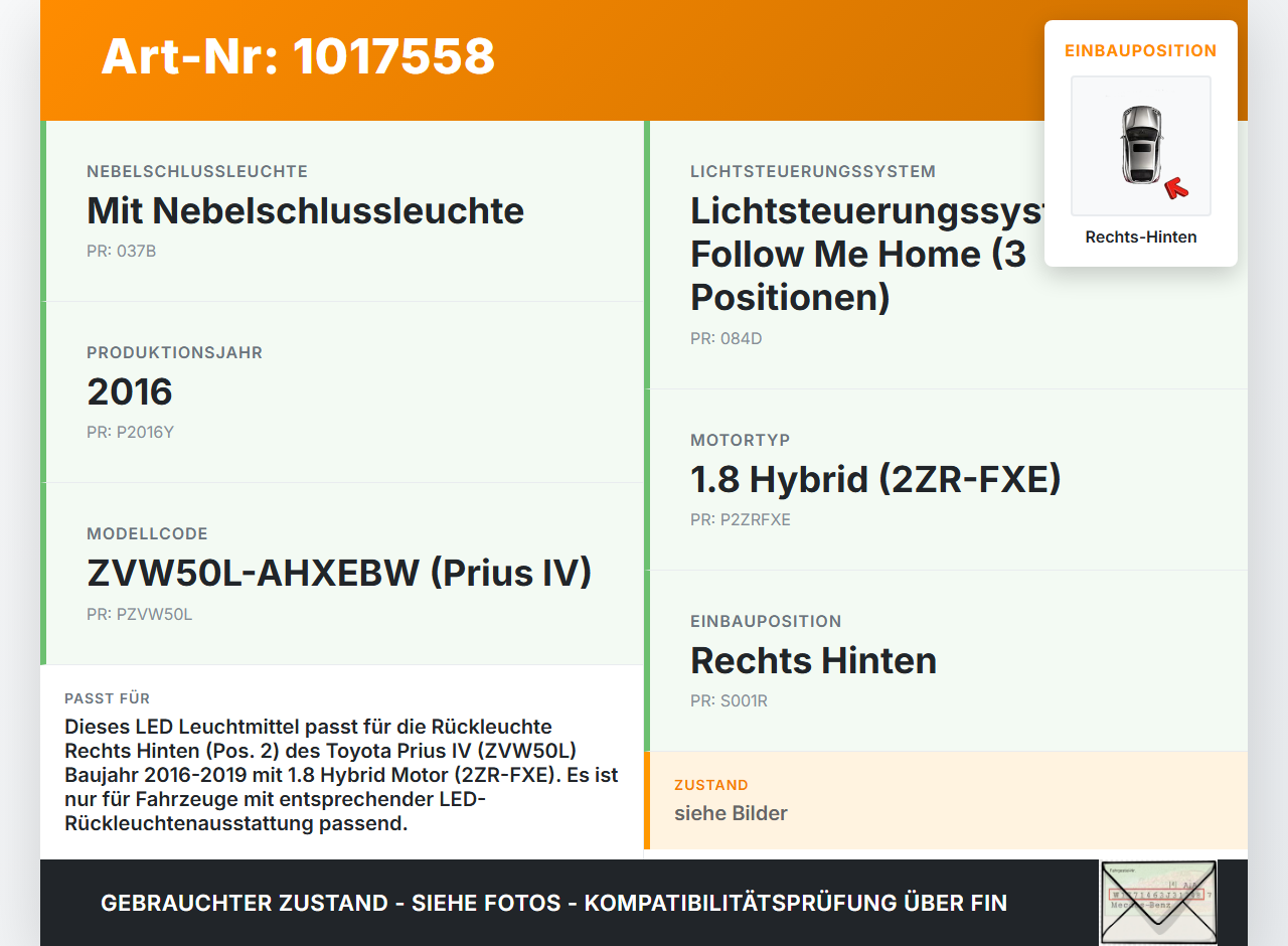 Toyota Prius IV ZVW5 16-19 Hybrid VVT-i 1,8 72KW LED Leuchtmittel für Rückleuchte Rechts Hinten Pos.2 Toyota Prius... Vorschau 3