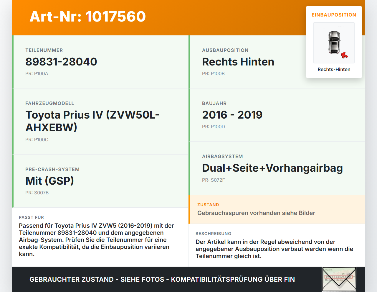Toyota Prius IV ZVW5 16-19 Sensor für Airbag Crashsensor Airbagsensor Rechts Hinten Toyota Prius IV ZVW5 16-19... Vorschau 3