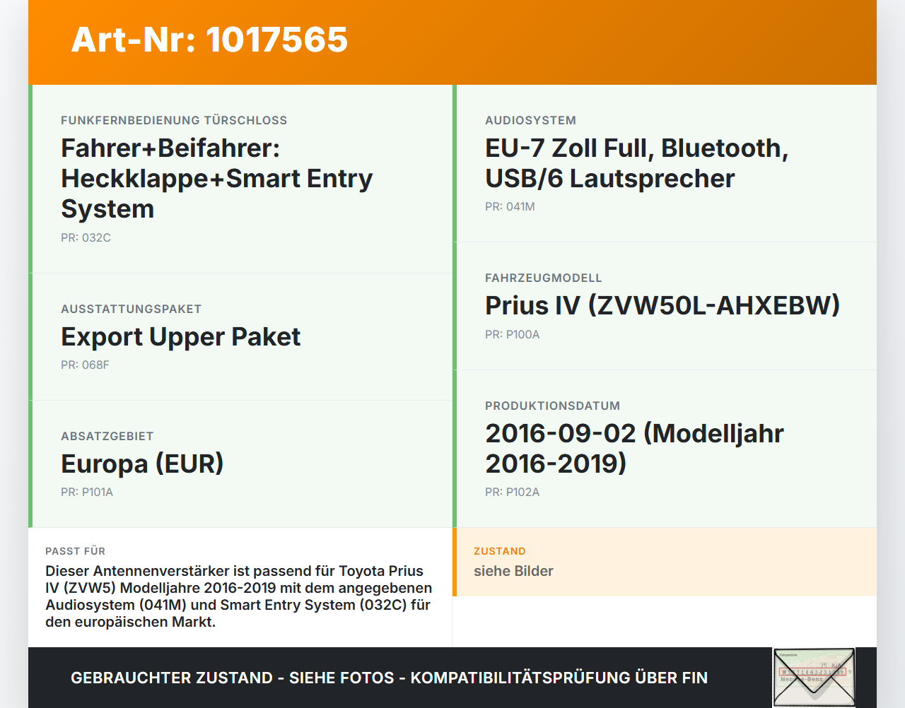 Toyota Prius IV ZVW5 16-19 Antennenverstärker Empfänger Toyota Prius IV ZVW5 16-19 02.09.2016 E68131-06395 gebraucht Vorschau 3