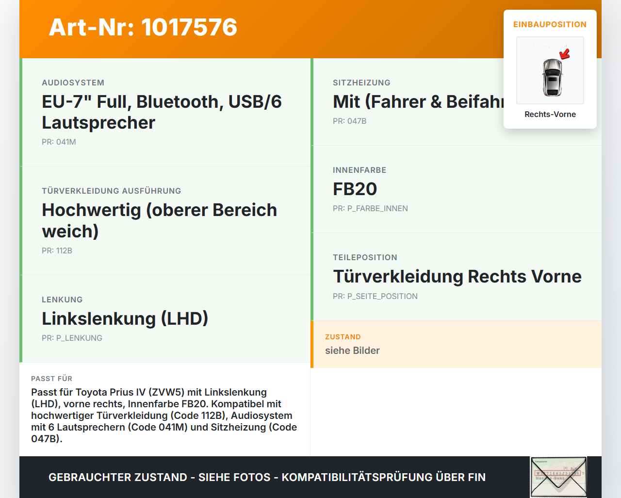 Toyota Prius IV ZVW5 16-19 Türverkleidung Türpappe Rechts Vorne Toyota Prius IV ZVW5 16-19 02.09.2016 gebraucht Vorschau 3