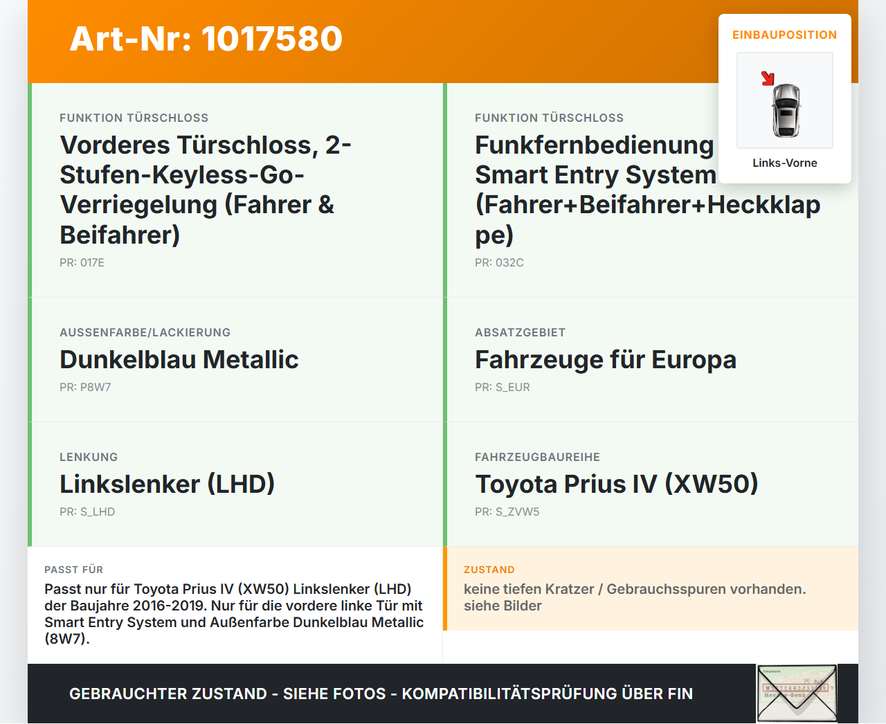 Toyota Prius IV ZVW5 16-19 Türgriff Griff aussen Links Vorne 8W7 Toyota Prius IV ZVW5 16-19 02.09.2016 6921047041J0... Vorschau 3