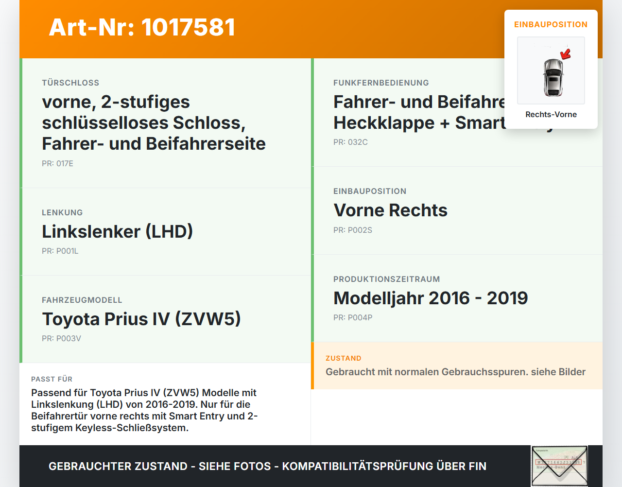 Toyota Prius IV ZVW5 16-19 Türschloss m. ZV Stellmotor Rechts Vorne Toyota Prius IV ZVW5 16-19 02.09.2016... Vorschau 3