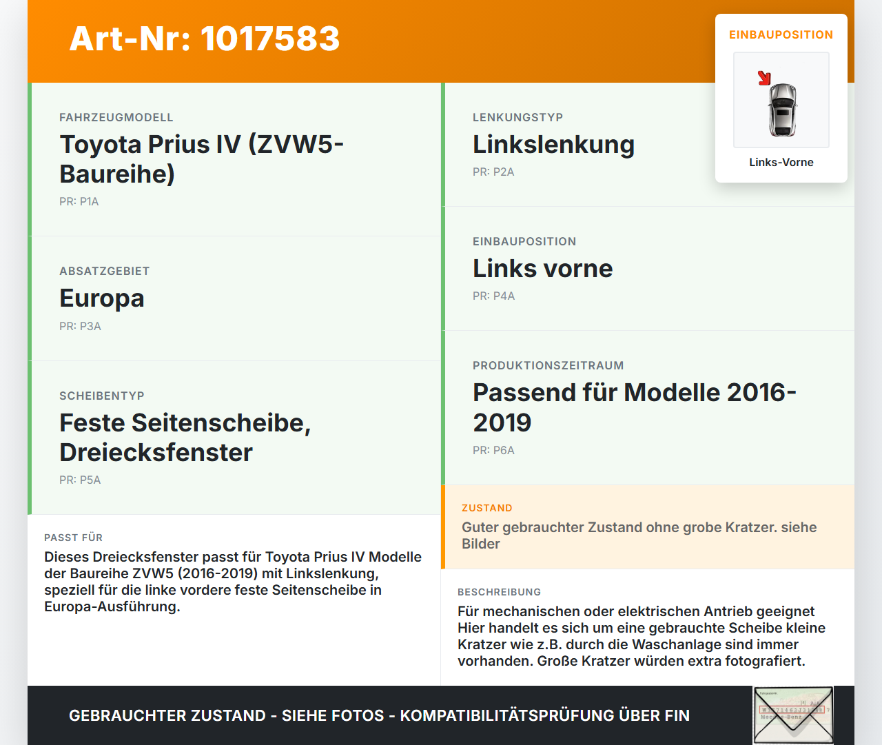 Toyota Prius IV ZVW5 16-19 Feste Seitenscheibe Dreiecksfenster Türscheibe Links Vorne Toyota Prius IV ZVW5 16-19... Vorschau 3