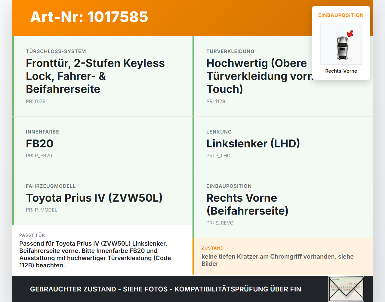 Toyota Prius IV ZVW5 16-19 Türgriff Innen Türöffner Innengriff Griffmuschel Rechts Vorne Toyota Prius IV ZVW5 16-19... Vorschau 3