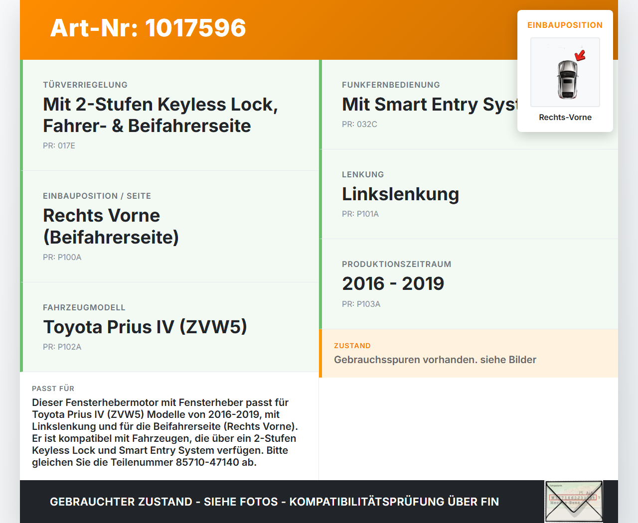Toyota Prius IV ZVW5 16-19 Fensterhebermotor mit Fensterheber Rechts Vorne Toyota Prius IV ZVW5 16-19 02.09.2016... Vorschau 3