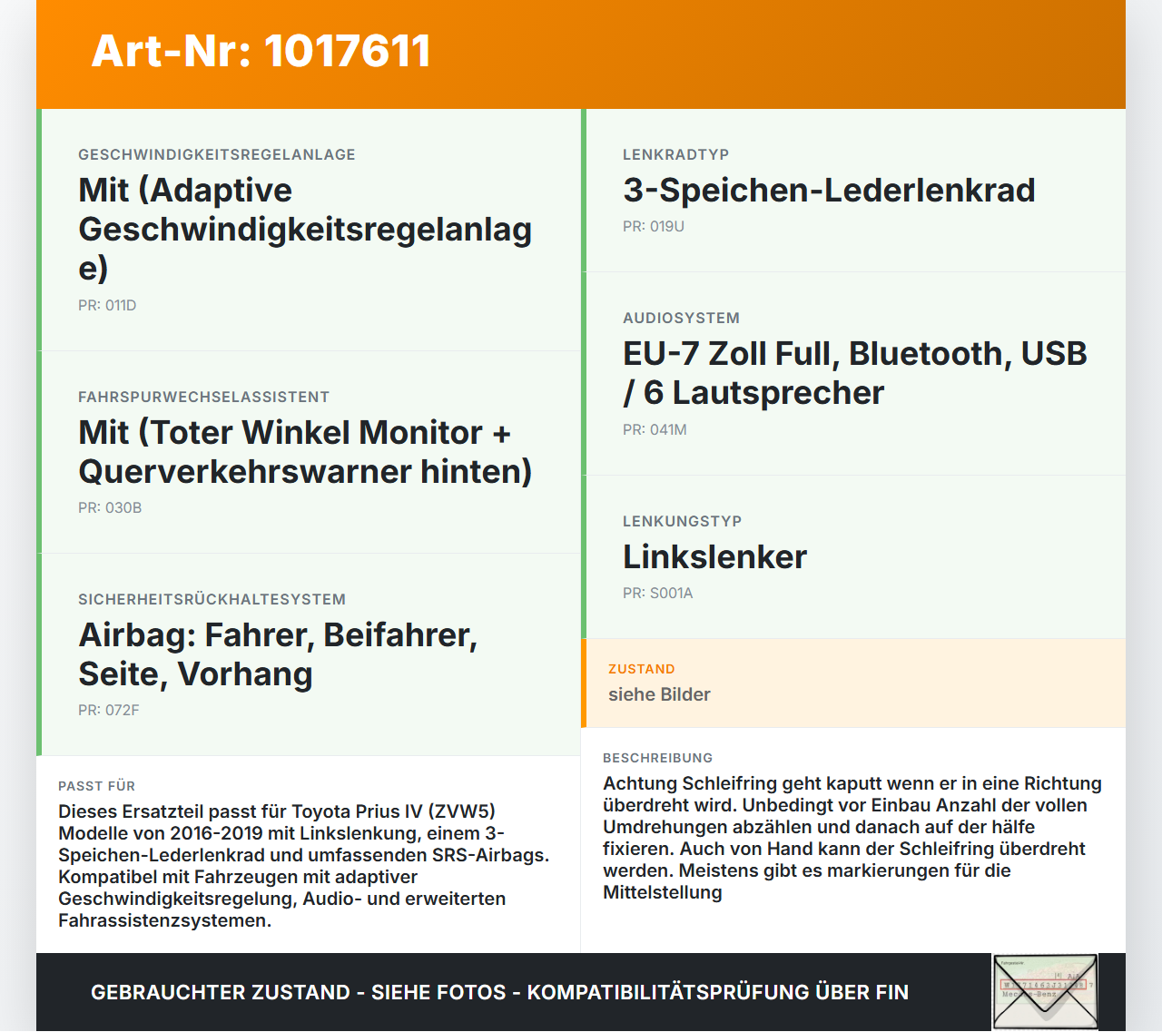 Toyota Prius IV ZVW5 16-19 Airbag Schleifring Wickelfeder Toyota Prius IV ZVW5 16-19 02.09.2016 47161-75J981 gebraucht Vorschau 3