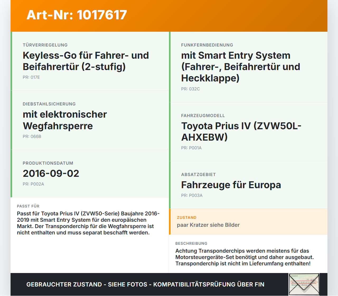 Toyota Prius IV ZVW5 16-19 Fernbedienung Funk Funkschlüssel Toyota Prius IV ZVW5 16-19 02.09.2016 gebraucht Vorschau 3