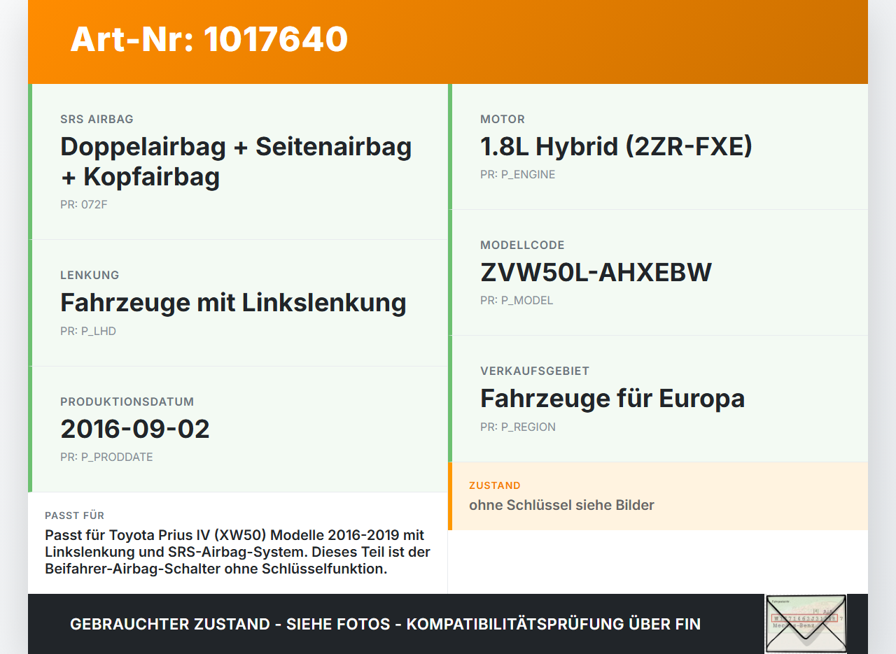 Toyota Prius IV ZVW5 16-19 Hybrid VVT-i 1,8 72KW An- Ausschalter für Beifahrer- Airbag Toyota Prius IV ZVW5 16-19... Vorschau 3