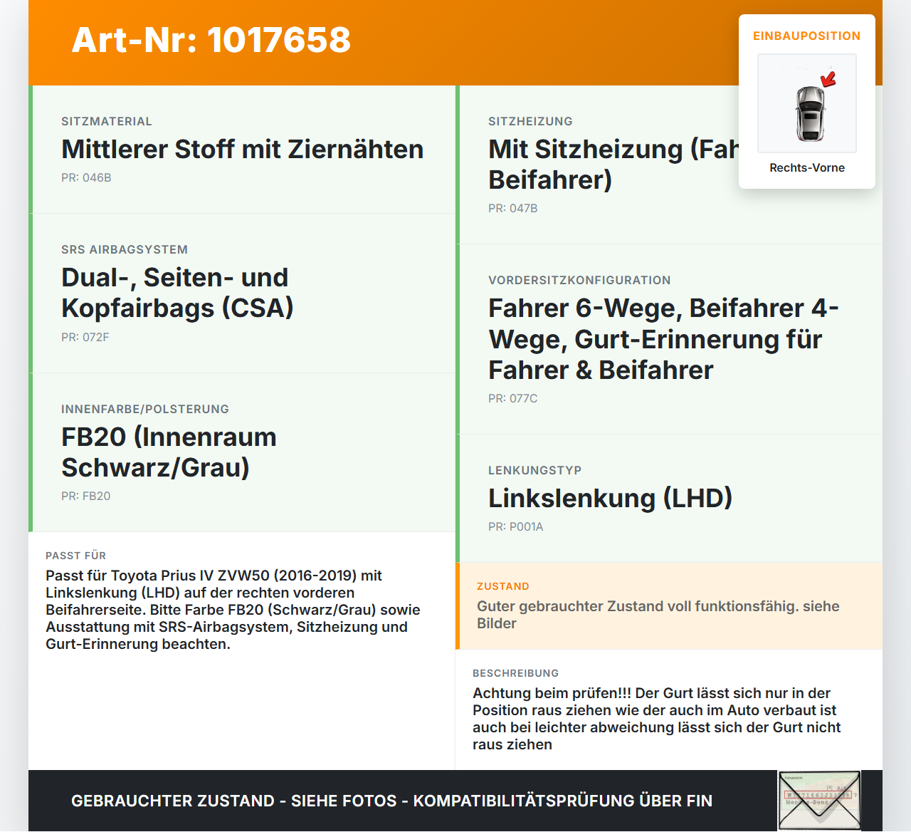 Toyota Prius IV ZVW5 16-19 Gurt Gurtstraffer Sicherheitsgurt Rechts Vorne Toyota Prius IV ZVW5 16-19 02.09.2016... Vorschau 3