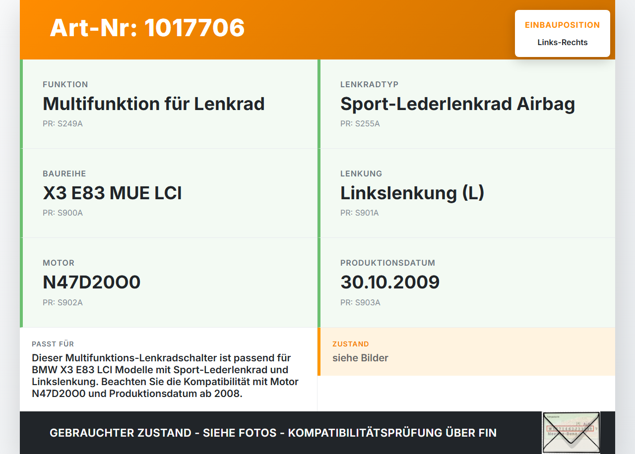 BMW X3 E83 18d LCI 08-11 Lenkradschalter Multifunktionstasten Lenkrad Schalter Links Rechts BMW X3 E83 18d LCI... Vorschau 3