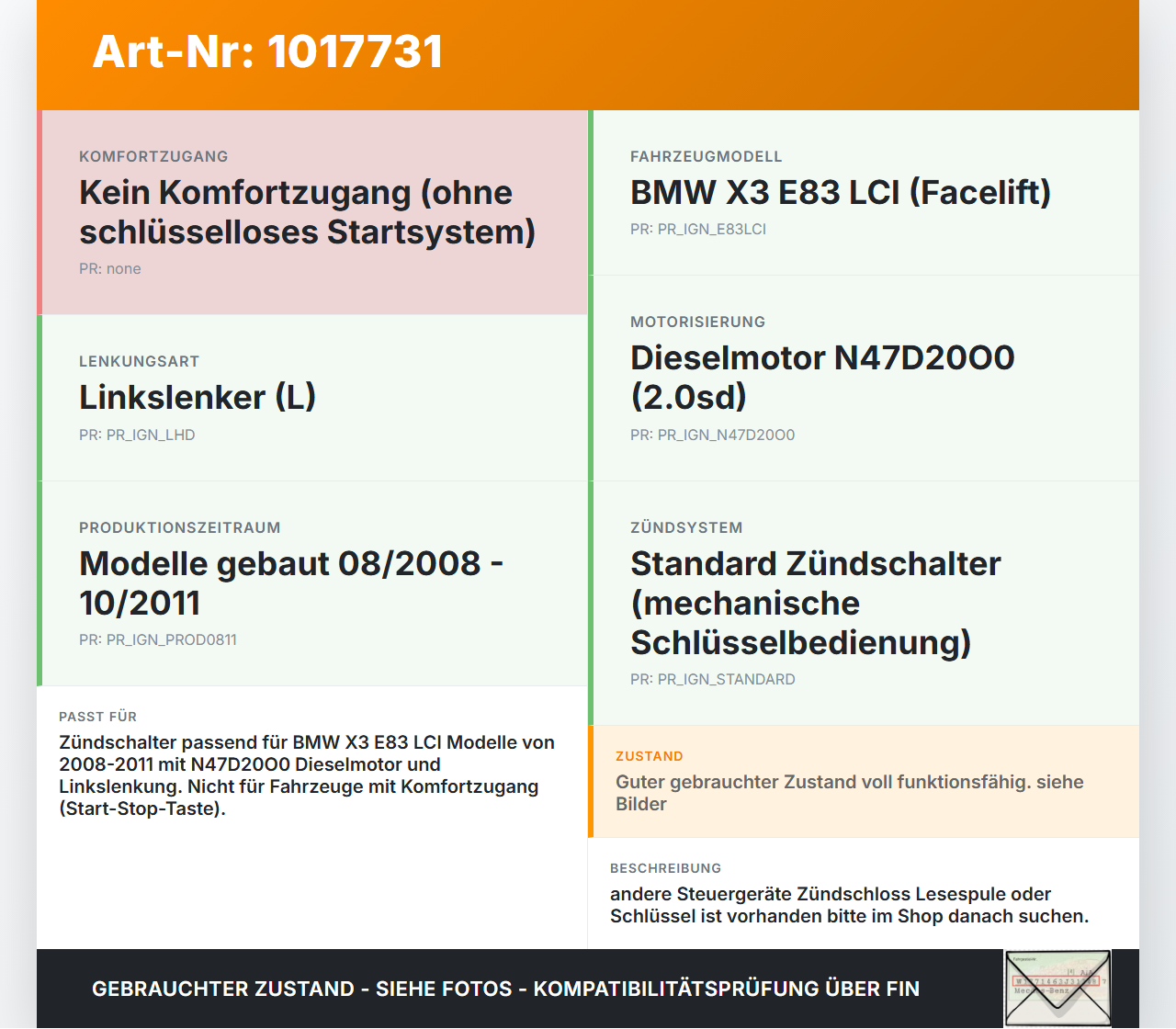 BMW X3 E83 18d LCI 08-11 Zündschalter ohne Zündschloss BMW X3 E83 18d LCI 08-11 08.12.2009 6901961 61326901961 gebraucht Vorschau 3