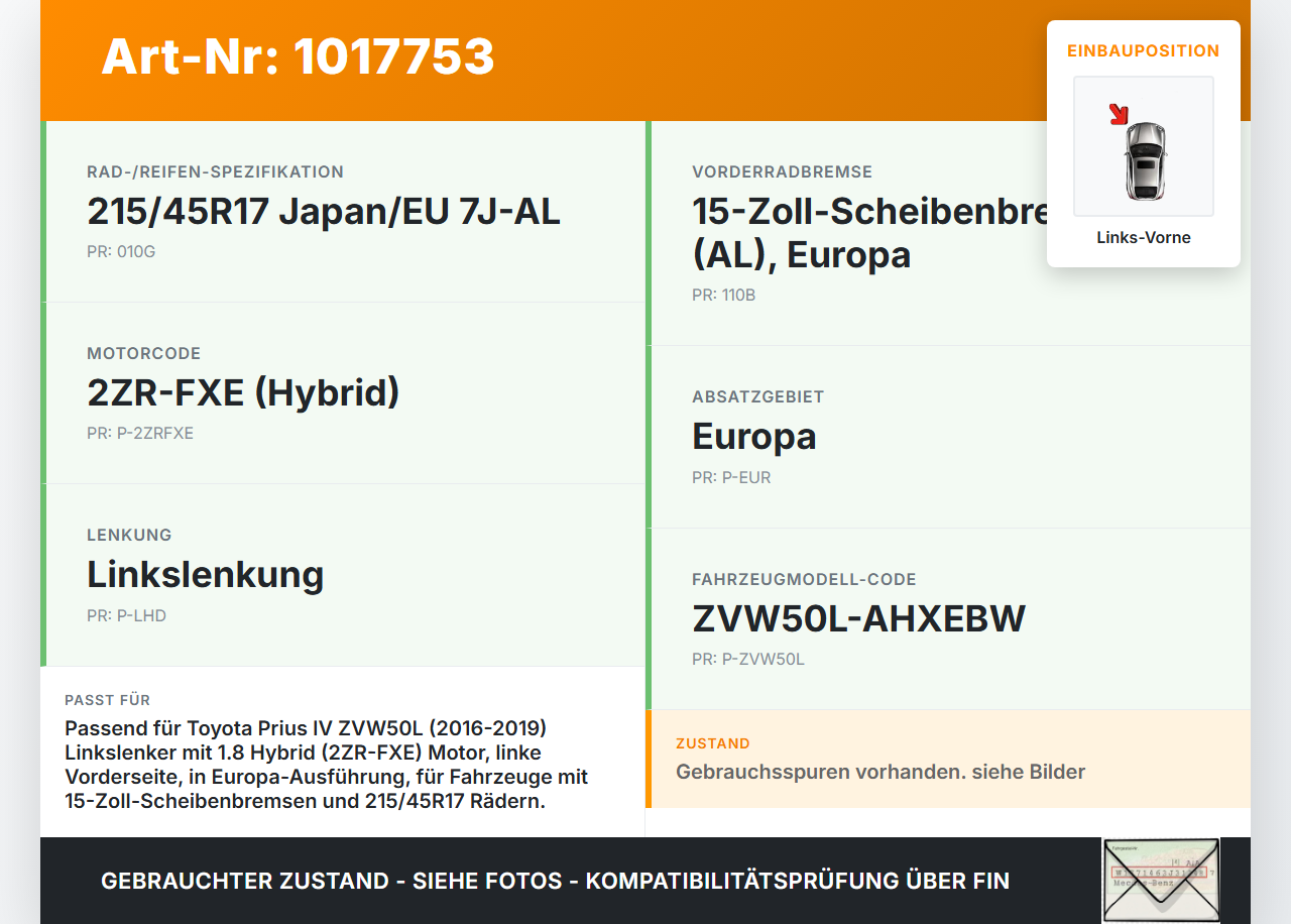 Toyota Prius IV ZVW5 16-19 Hybrid VVT-i 1,8 72KW Achsschenkel Radnabe Links Vorne Toyota Prius IV ZVW5 16-19... Vorschau 3