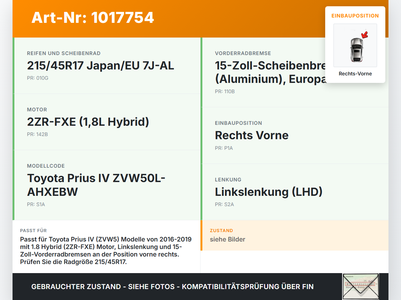 Toyota Prius IV ZVW5 16-19 Hybrid VVT-i 1,8 72KW Achsschenkel Radnabe Rechts Vorne Toyota Prius IV ZVW5 16-19... Vorschau 3