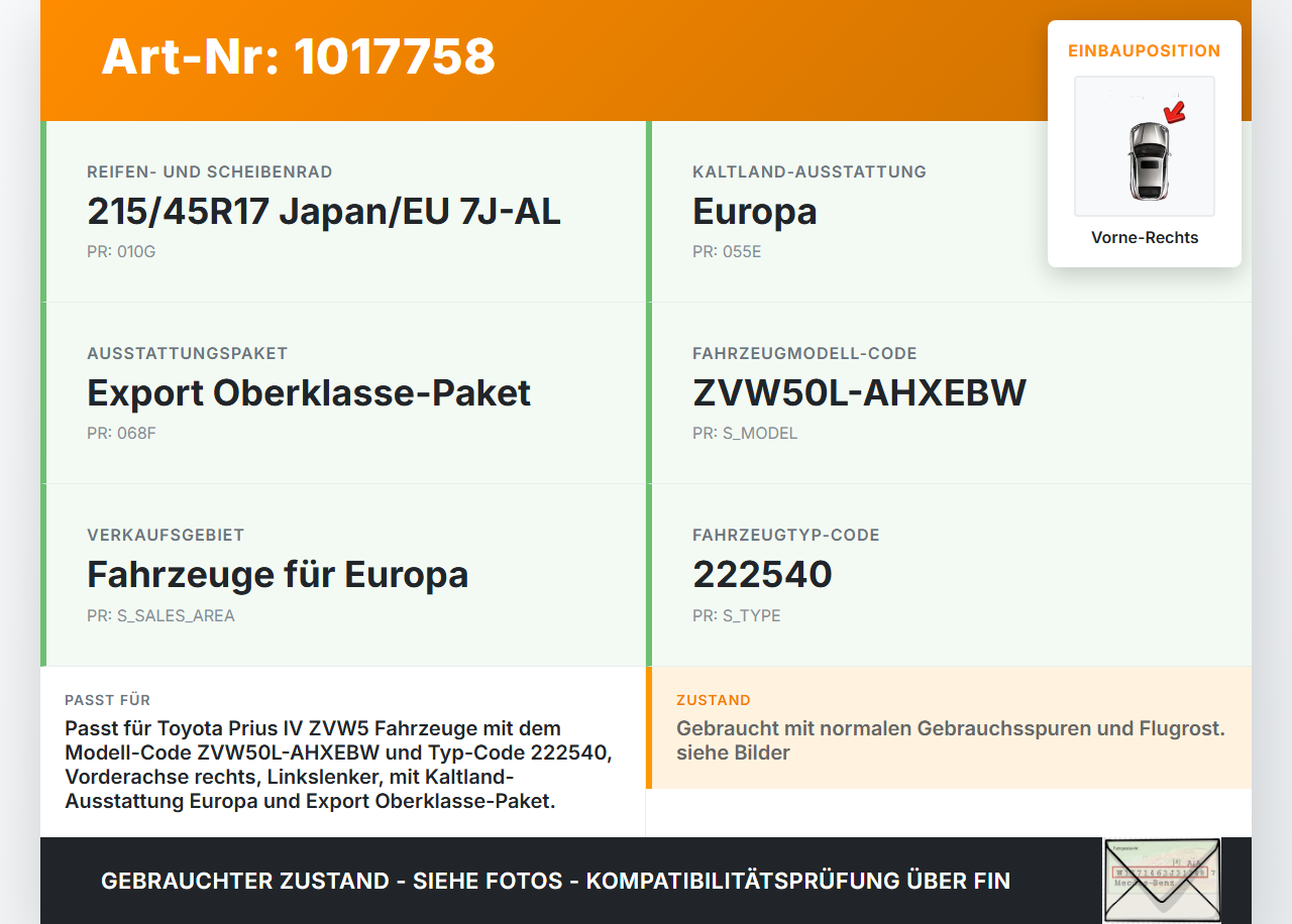 Toyota Prius IV ZVW5 16-19 Stossdämpfer Federbein Vorne Rechts Toyota Prius IV ZVW5 16-19 02.09.2016 gebraucht Vorschau 3
