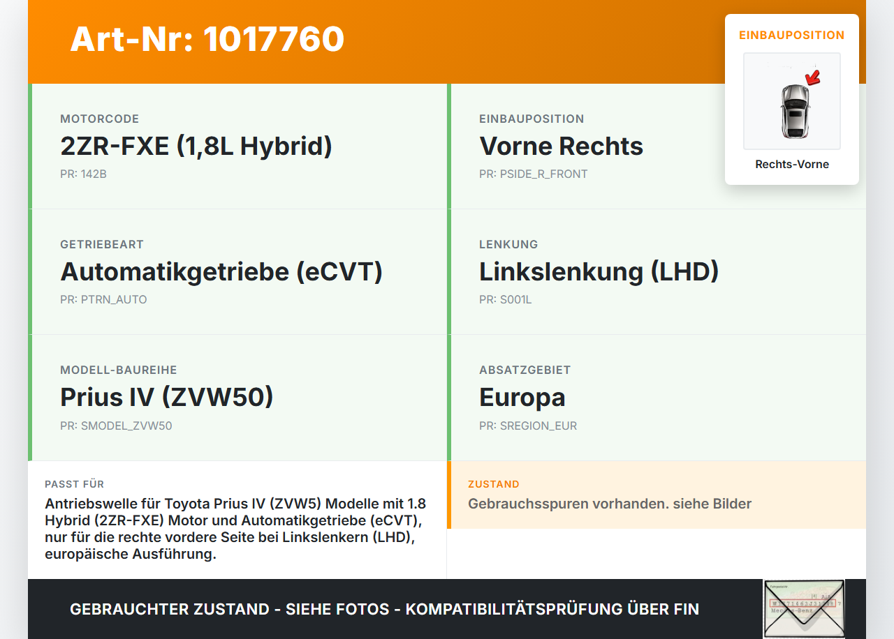 Toyota Prius IV ZVW5 16-19 Hybrid VVT-i 1,8 72KW Autom Antriebswelle Gelenkwelle Rechts Vorne Toyota Prius IV ZVW5... Vorschau 3