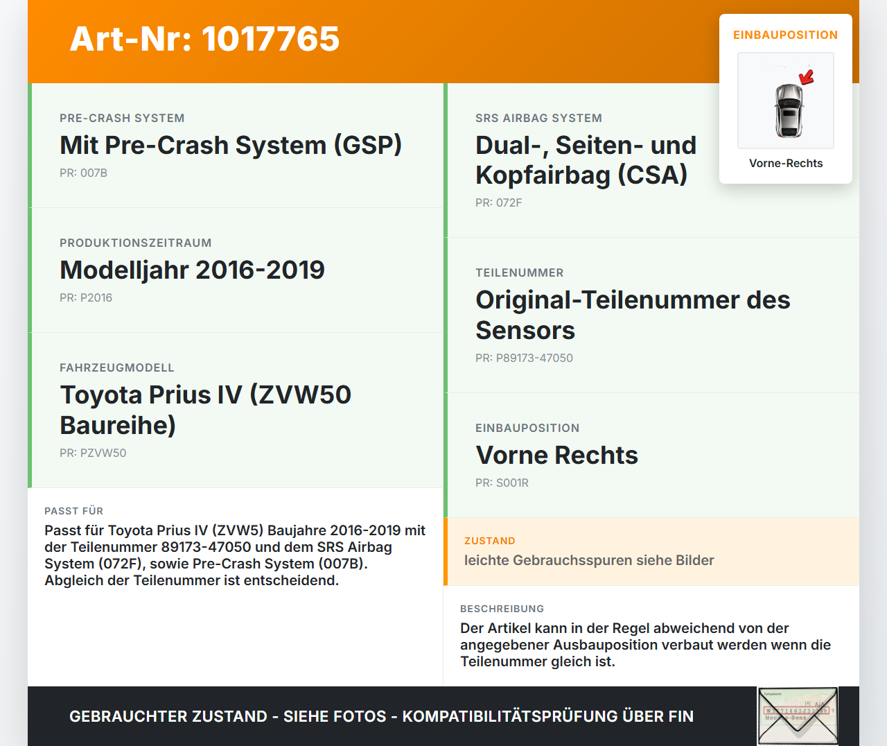 Toyota Prius IV ZVW5 16-19 Sensor für Airbag Crashsensor Airbagsensor Vorne Rechts Toyota Prius IV ZVW5 16-19... Vorschau 3