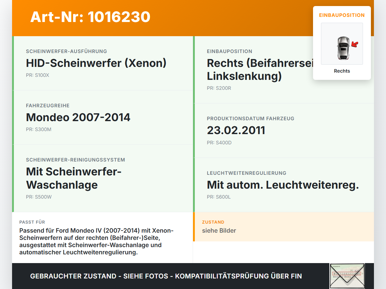 Ford Mondeo IV 4 07-15 Xenon Vorschaltgerät Rechts Ford Mondeo IV 4 07-15 03.03.2011 7S71-13C170-AA gebraucht Vorschau 3