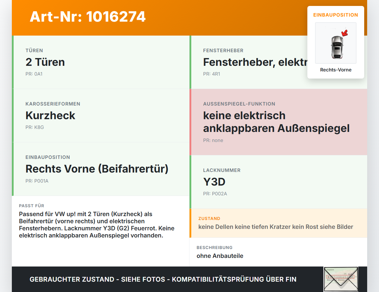 VW UP AA 15-23 Tür Beifahrertür Rechts Vorne LY3D VW UP AA 15-23 15.01.2015 1S3831056B gebraucht Vorschau 3