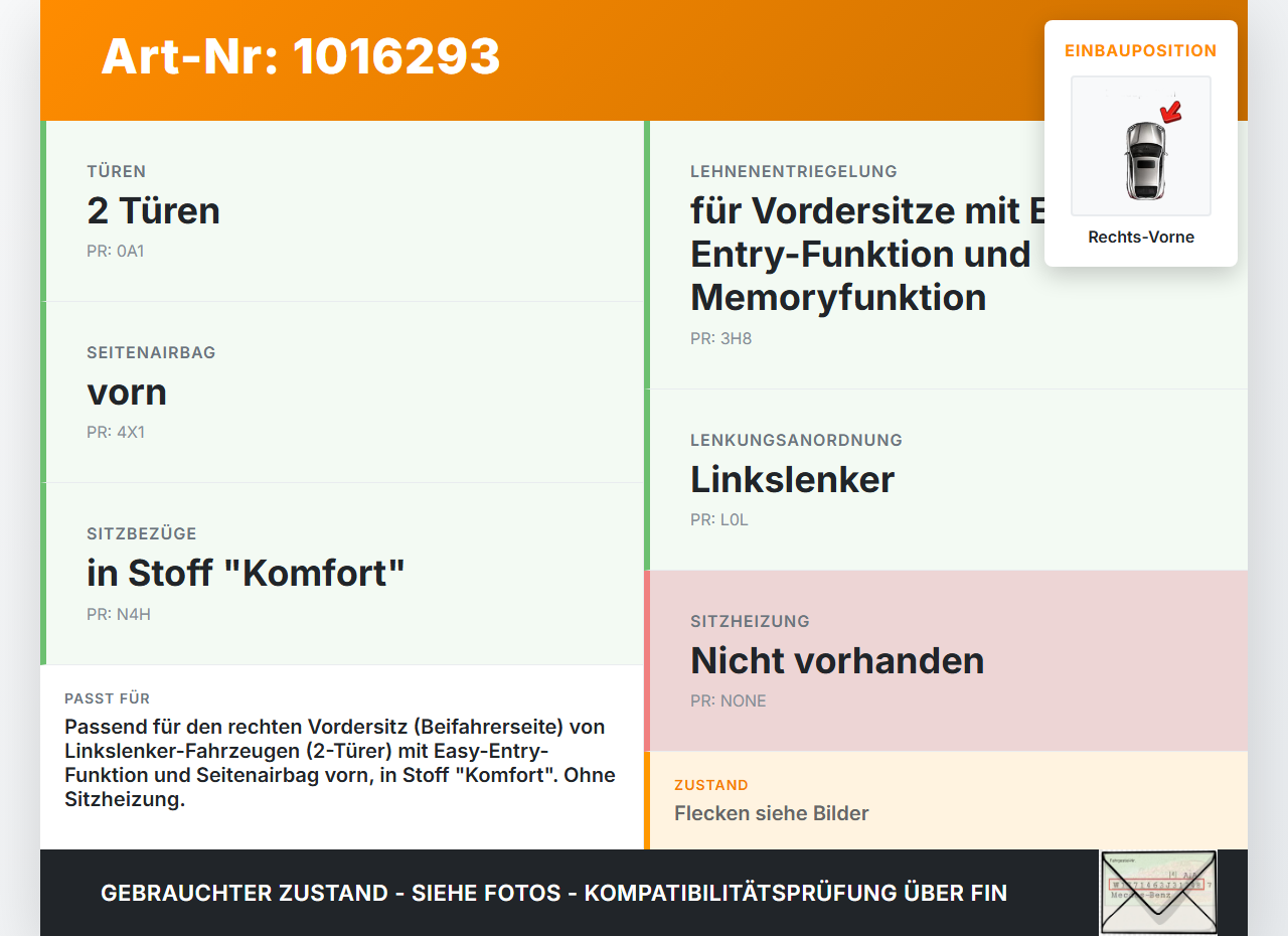 VW UP AA 15-23 Sitzbezug Rückenpolster Rechts Vorne für Beifahrer Sitz VW UP AA 15-23 15.01.2015 gebraucht Vorschau 3