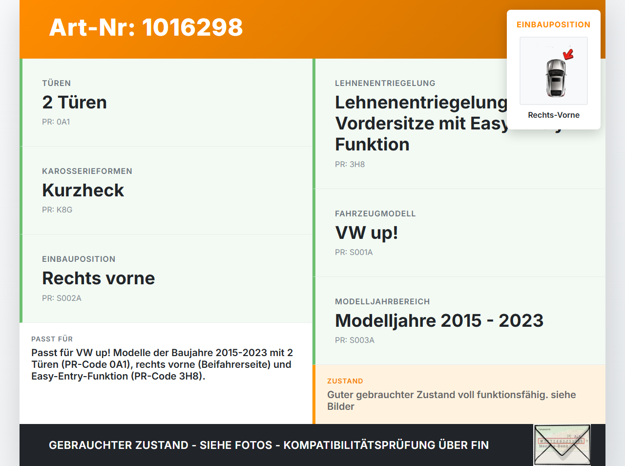 VW UP AA 15-23 Türfangband Türbremse Türanschlag Rechts Vorne VW UP AA 15-23 15.01.2015 1S0837249 gebraucht Vorschau 3