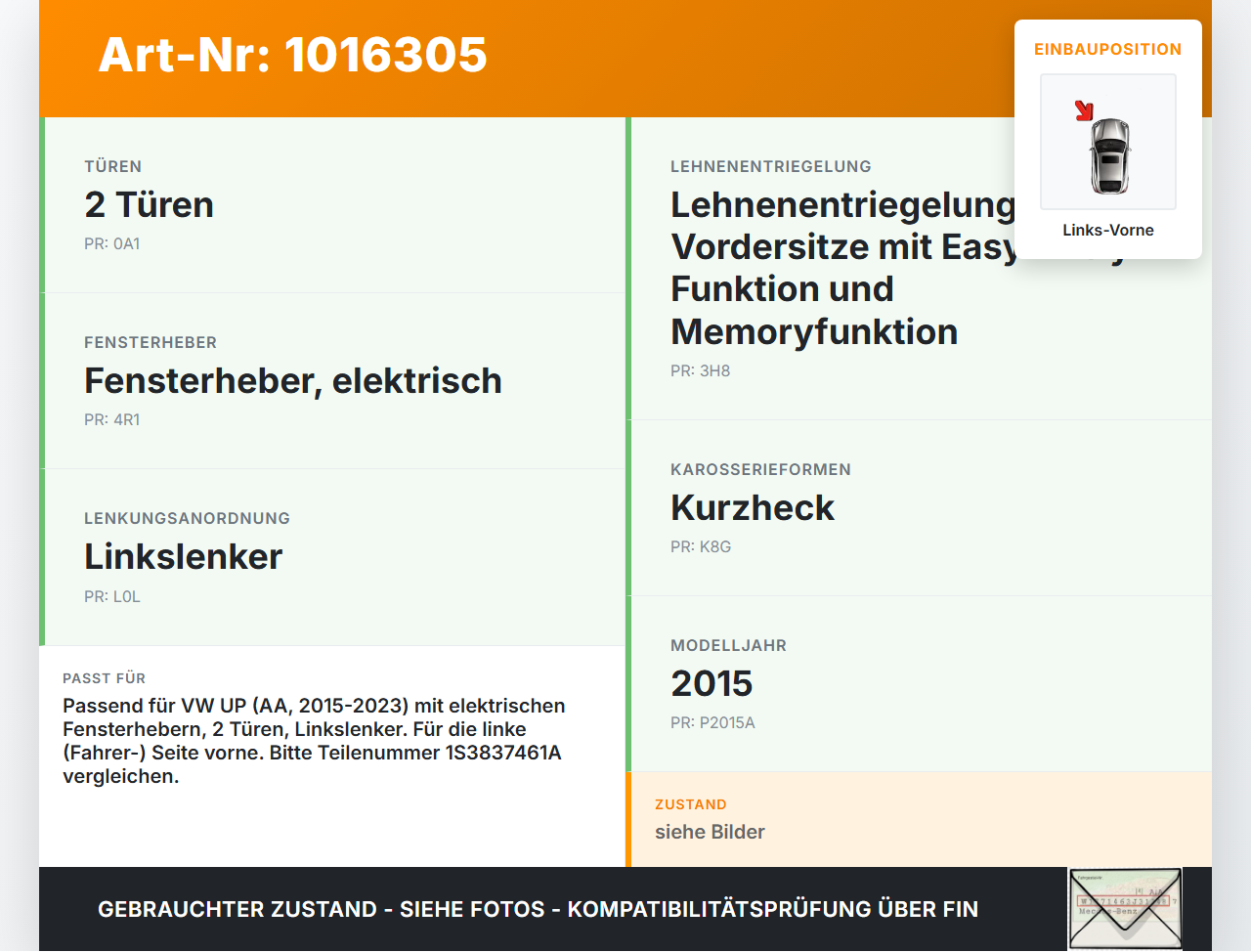 VW UP AA 15-23 Fensterhebermotor mit Fensterheber Links Vorne VW UP AA 15-23 15.01.2015 1S3837461A 935519-102 gebraucht Vorschau 3
