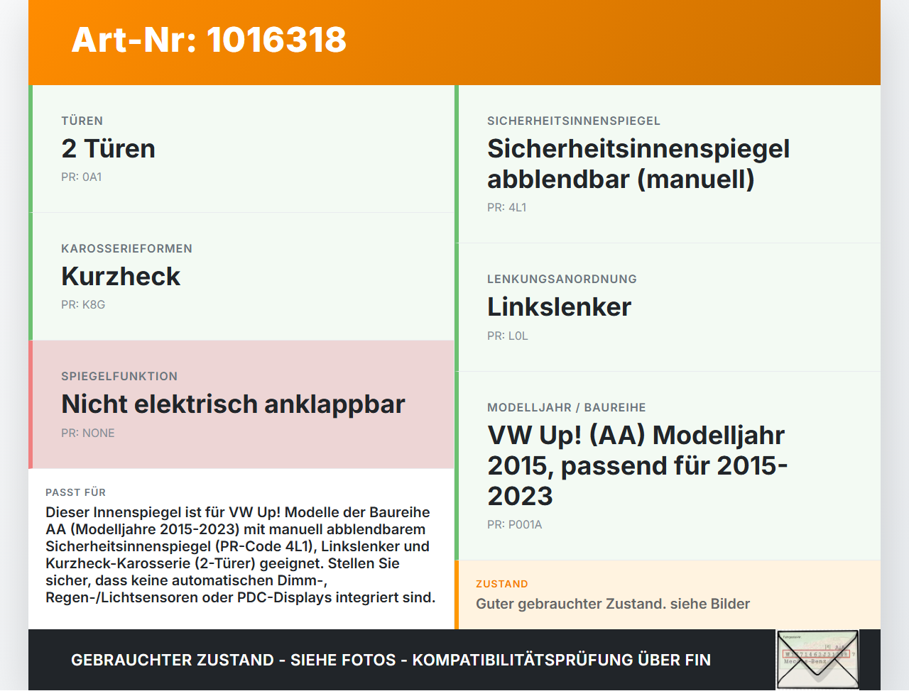 VW UP AA 15-23 Innenspiegel Rückspiegel Spiegel Innen VW UP AA 15-23 15.01.2015 1S0857511A gebraucht Vorschau 3