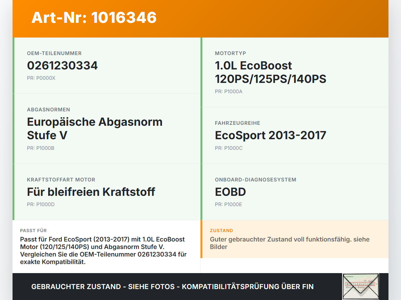 Ford EcoSport 12-22 1,0 92KW Railsensor Drucksensor 1 Ford EcoSport 12-22 14.10.2014 0261230334 gebraucht Vorschau 3