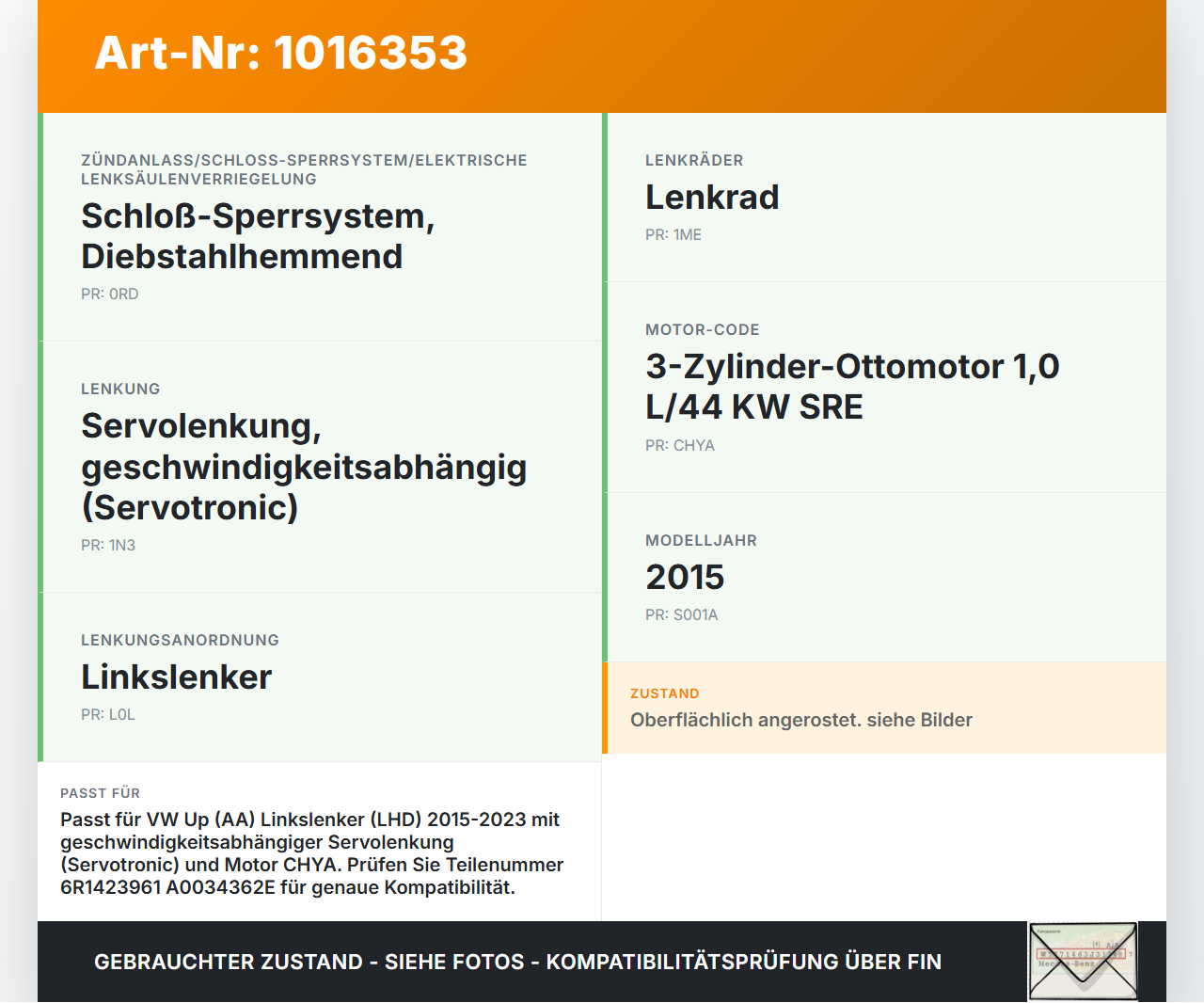 VW UP AA 15-23 Lenkungsteil Kreuzgelenk VW UP AA 15-23 15.01.2015 6R1423961E 6R1423961 A0034362E gebraucht Vorschau 3