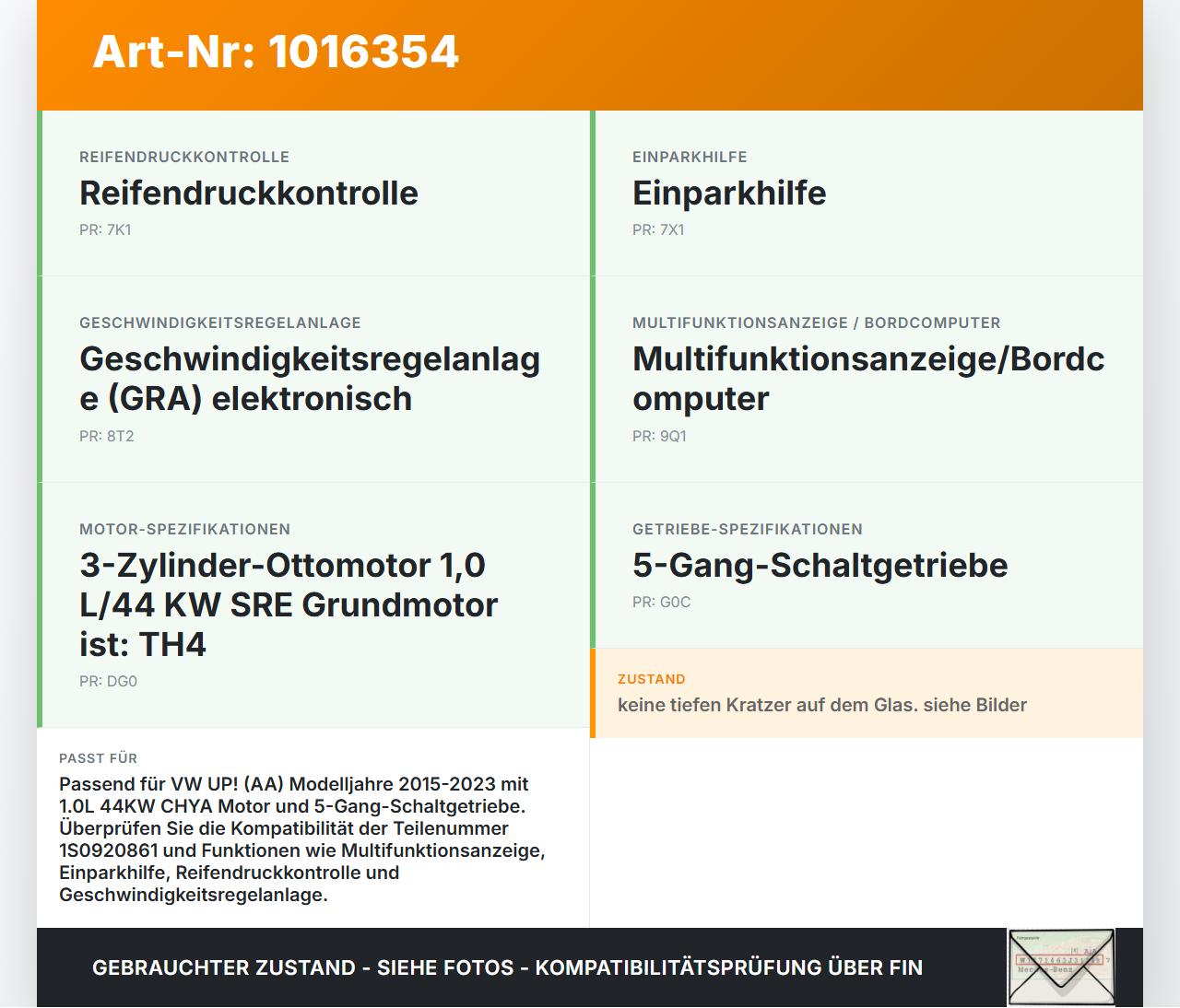 VW UP AA 15-23 1,0 44KW Kombiinstrument Tacho VW UP AA 15-23 15.01.2015 f1S0920861 1S0920861 gebraucht Vorschau 3