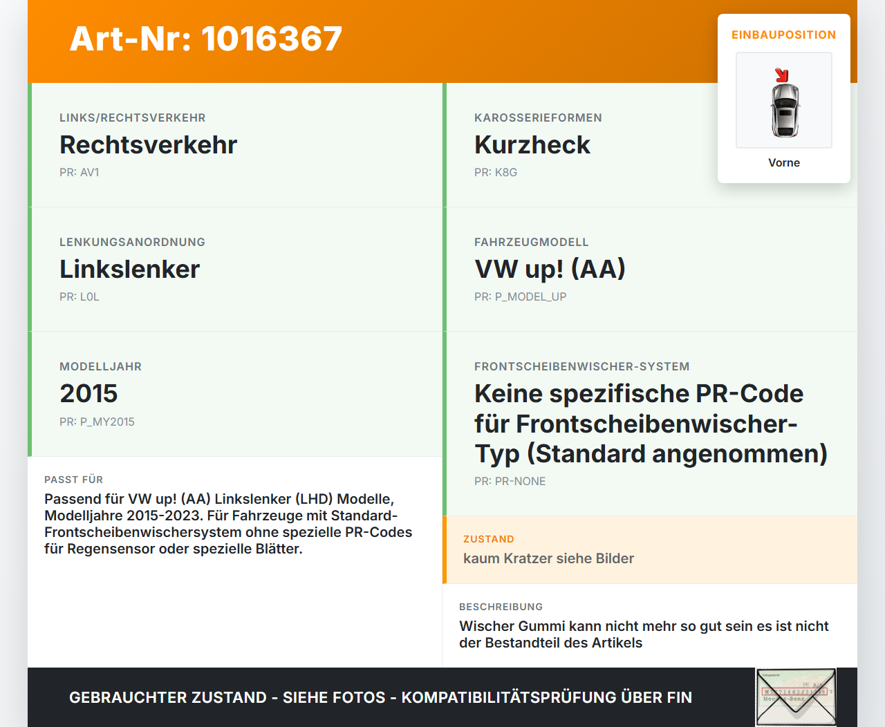VW UP AA 15-23 2x Scheibenwischer Wischarm Vorne VW UP AA 15-23 15.01.2015 1S1955409B gebraucht Vorschau 3