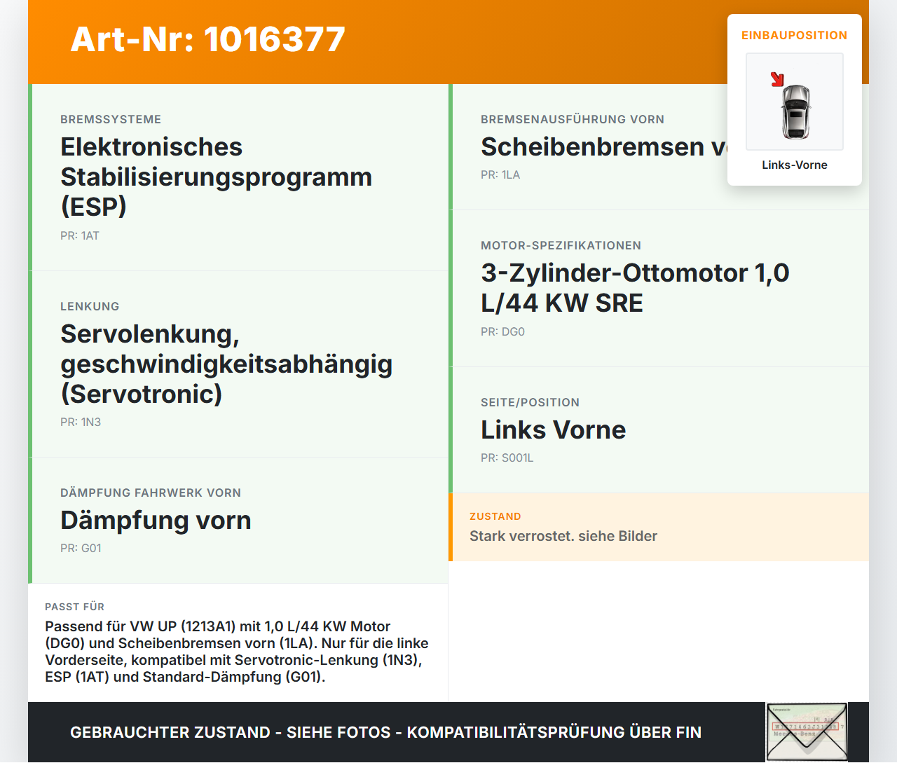 VW UP AA 15-23 1,0 44KW Achsschenkel Radnabe Links Vorne VW UP AA 15-23 15.01.2015 1S0407255C gebraucht Vorschau 3