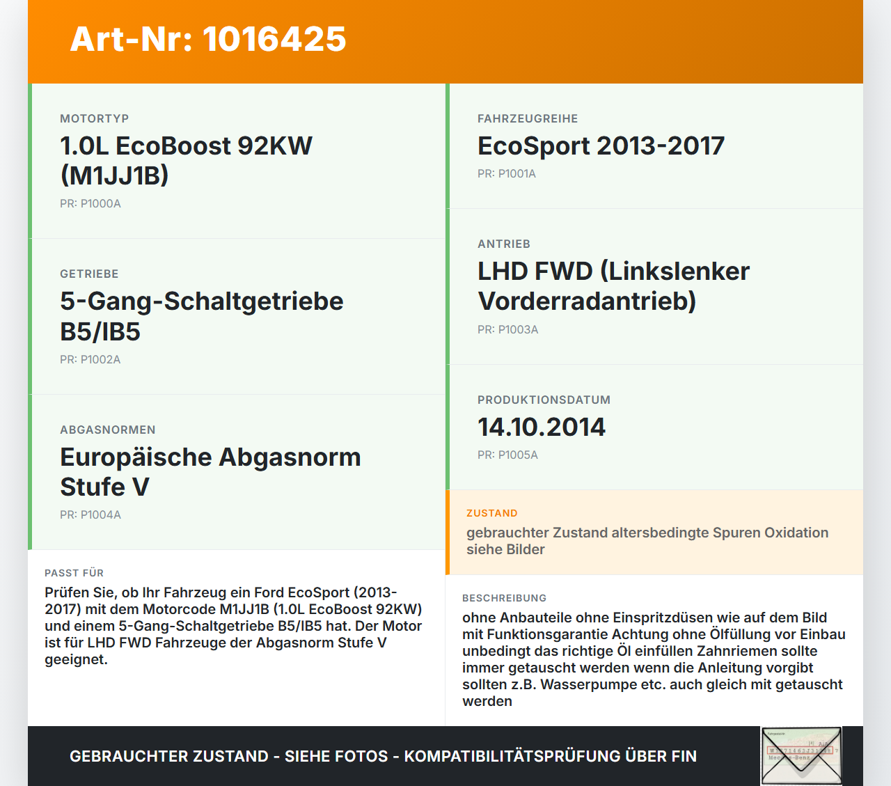 Ford EcoSport 12-22 1,0 92KW M1JJ1B Motor Triebwerk Ford EcoSport 12-22 14.10.2014 CM5G-6011-TA gebraucht Vorschau 3