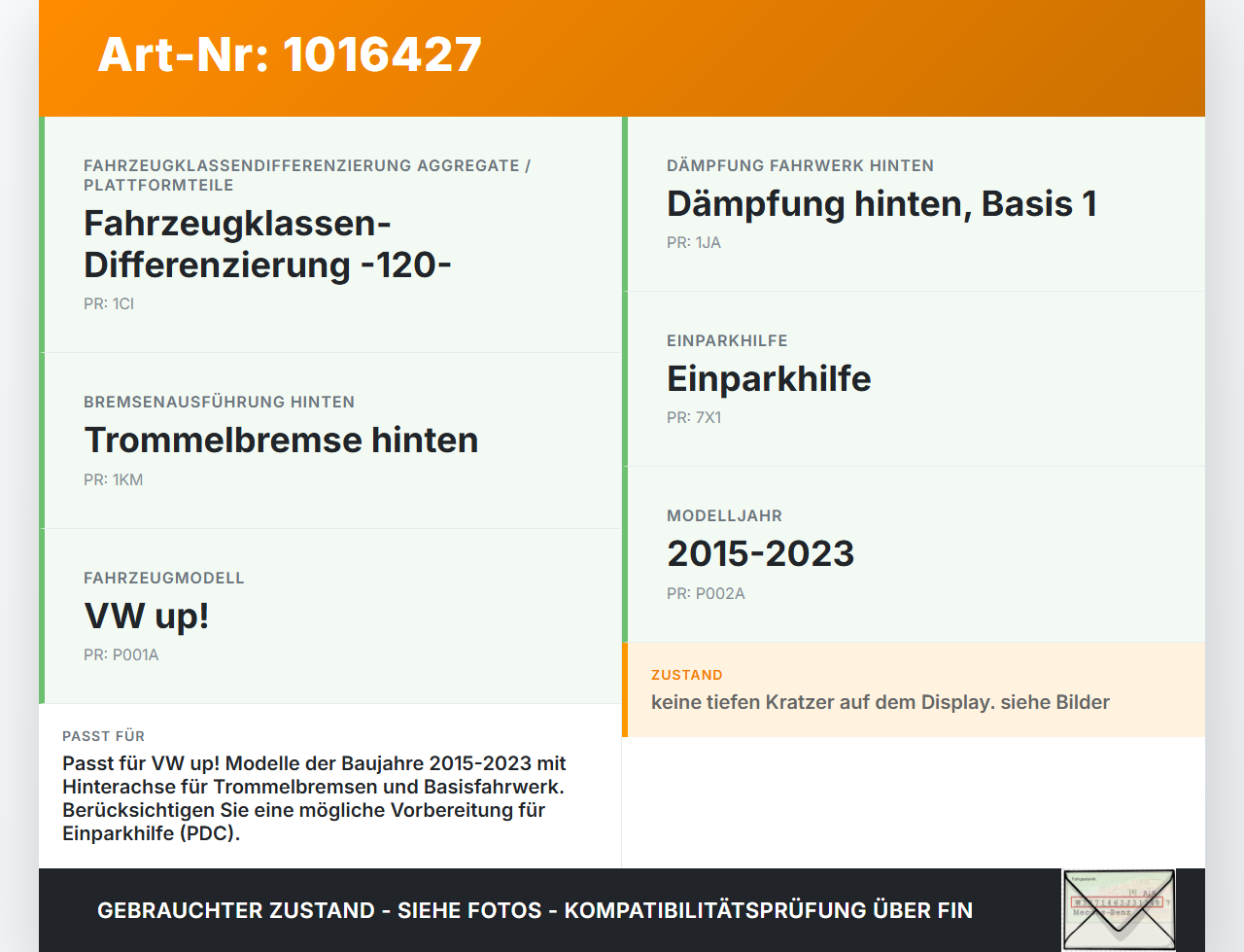 VW UP AA 15-23 Hinterachse Achse m. Trommelbremse VW UP AA 15-23 15.01.2015 1S0500051A gebraucht Vorschau 3