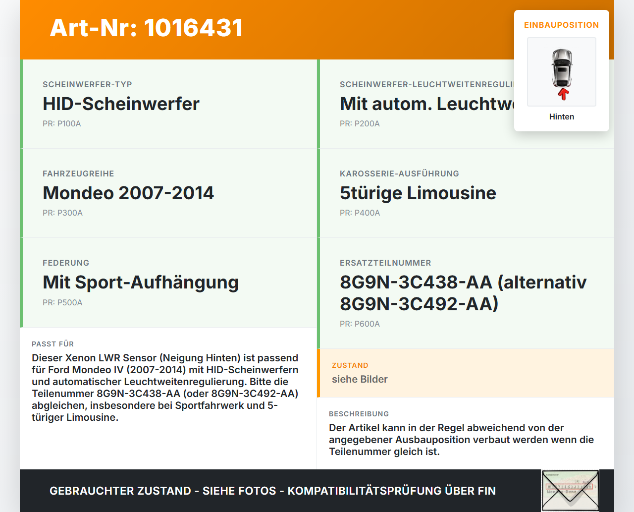 Ford Mondeo IV 4 07-15 Xenon LWR Sensor Neigung Hinten Ford Mondeo IV 4 07-15 03.03.2011 8G9N-3C438-AA... Vorschau 3