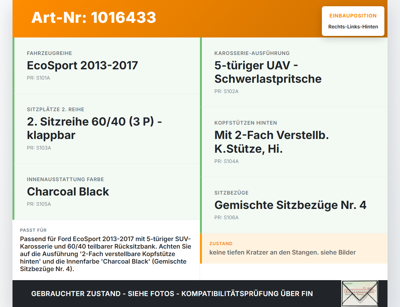Ford EcoSport 12-22 Kopfstütze Rechts oder Links Hinten Ford EcoSport 12-22 14.10.2014 CN15-A501B08-AB gebraucht Vorschau 3