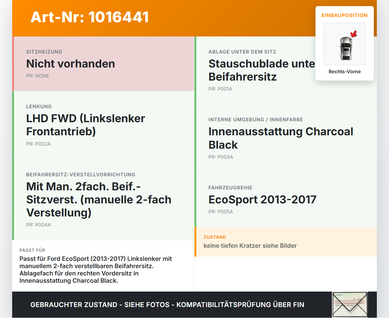 Ford EcoSport 12-22 Ablagefach Staufach Fach Sitz Rechts Vorne Ford EcoSport 12-22 14.10.2014 gebraucht Vorschau 3