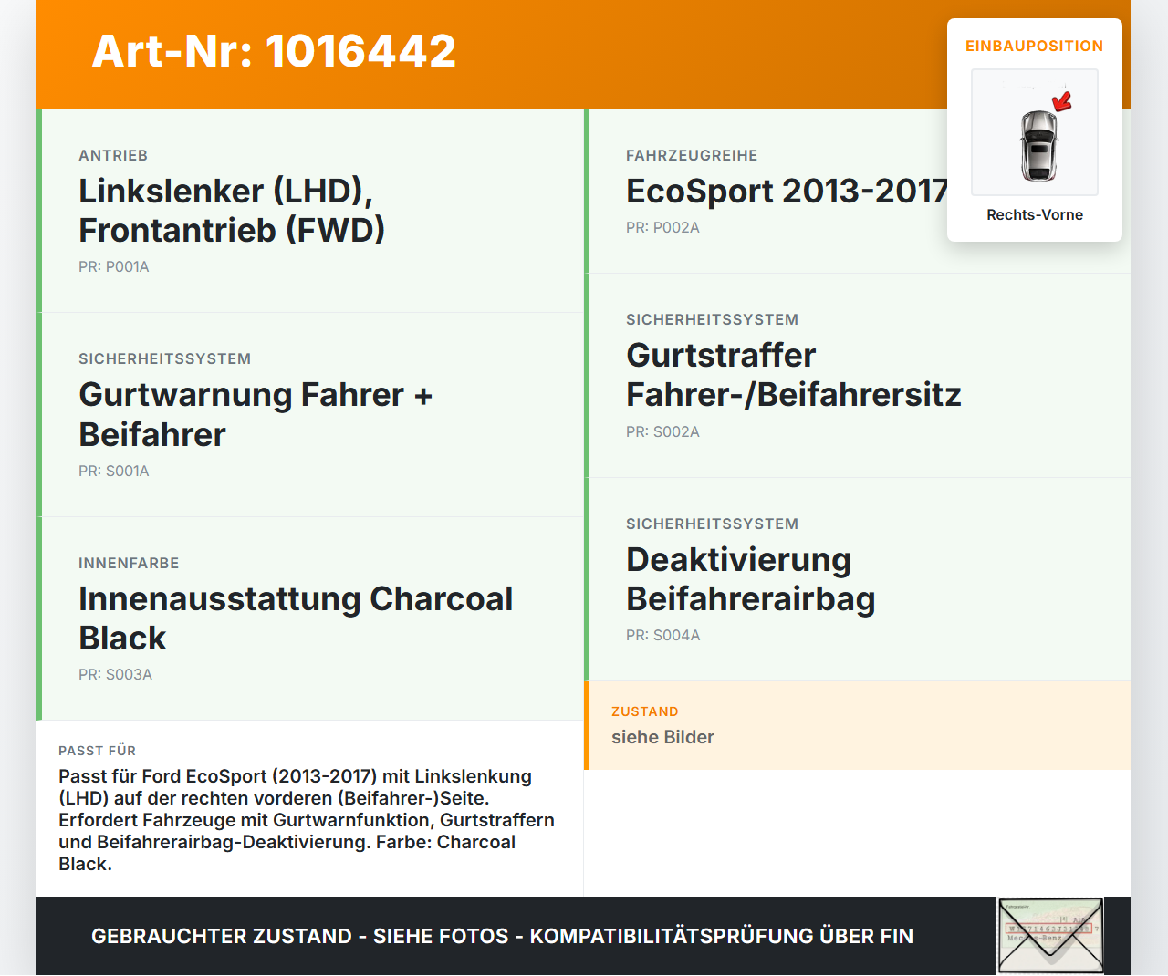Ford EcoSport 12-22 Gurtschloss Rechts Vorne Ford EcoSport 12-22 14.10.2014 CN15-B61208-CE3JA6 CN15-B61209-EEW gebraucht Vorschau 3