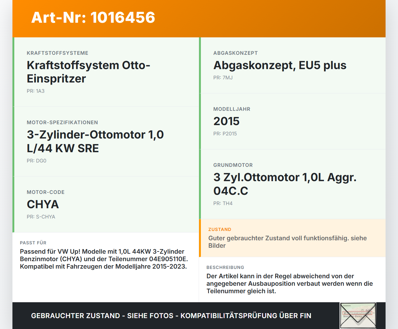 VW UP AA 15-23 1,0 44KW Zündspule Zyl.1 VW UP AA 15-23 15.01.2015 04E905110P 04E905110E 77300006 gebraucht Vorschau 3
