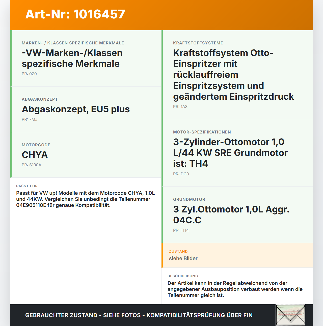 VW UP AA 15-23 1,0 44KW Zündspule Zyl.3 VW UP AA 15-23 15.01.2015 04E905110P 04E905110E 77300006 gebraucht Vorschau 3