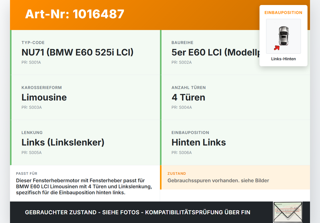 BMW E60 525i LCI 07-10 Lim Fensterhebermotor mit Fensterheber Links Hinten BMW E60 525i LCI 07-10 06.10.2008... Vorschau 3