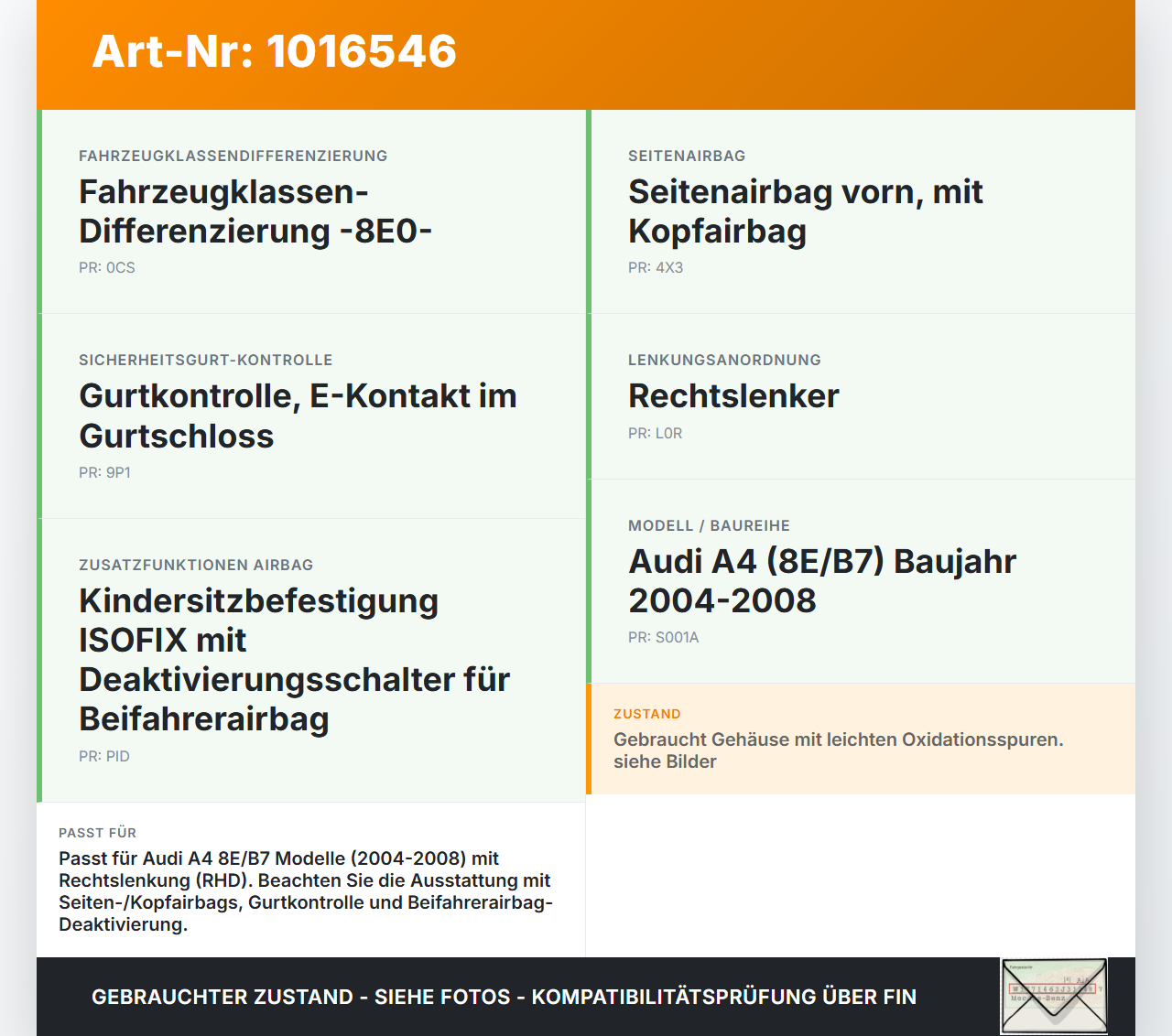 Audi A4 8E B7 04-08 Airbag SG ECU Steuergerät Audi A4 8E B7 04-08 28.03.2007 f8E0959655G 8E0959655G 0285001668 gebraucht Vorschau 3