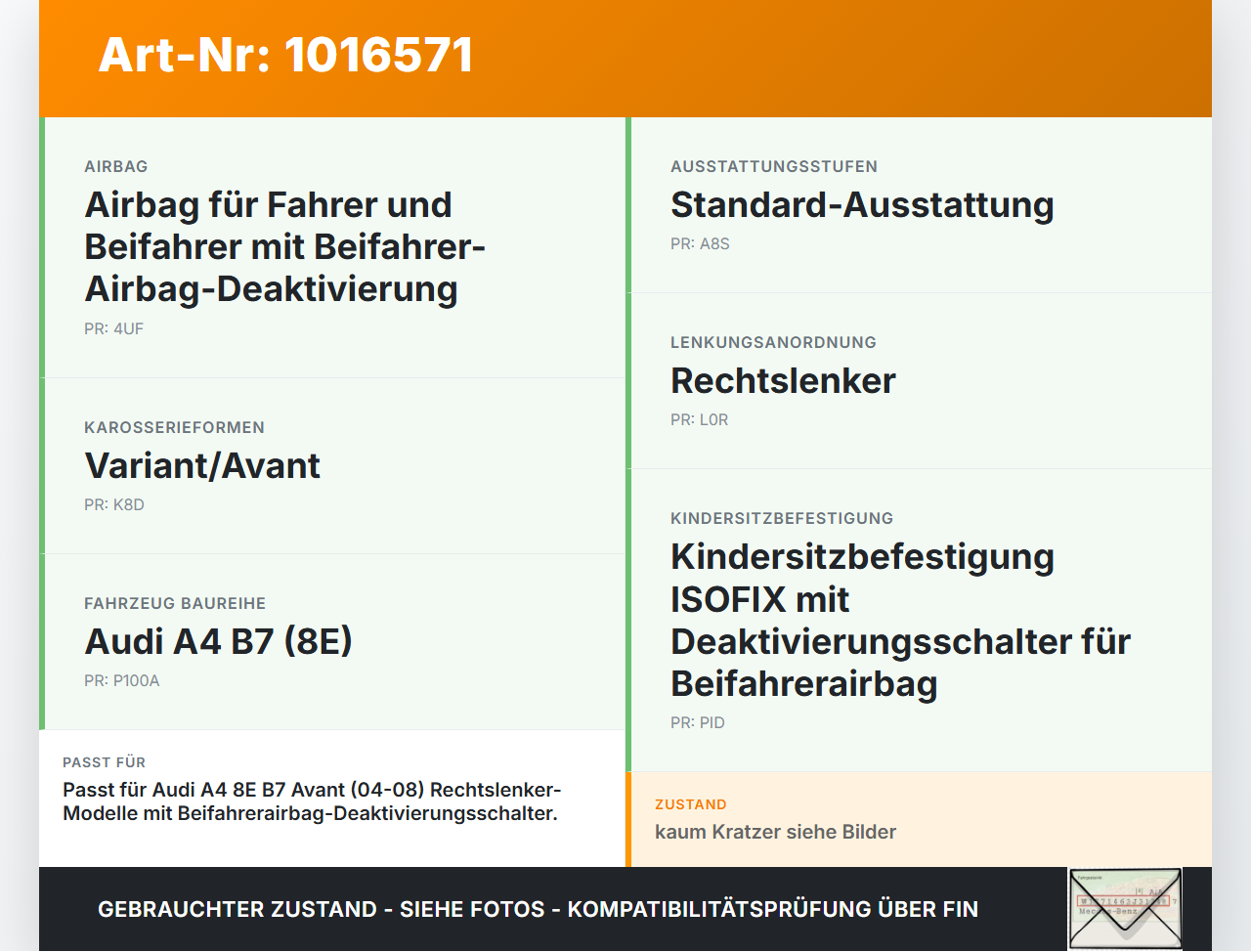 Audi A4 8E B7 04-08 Schalter Pass Airbag Off Audi A4 8E B7 04-08 28.03.2007 8E2919234B gebraucht Vorschau 3