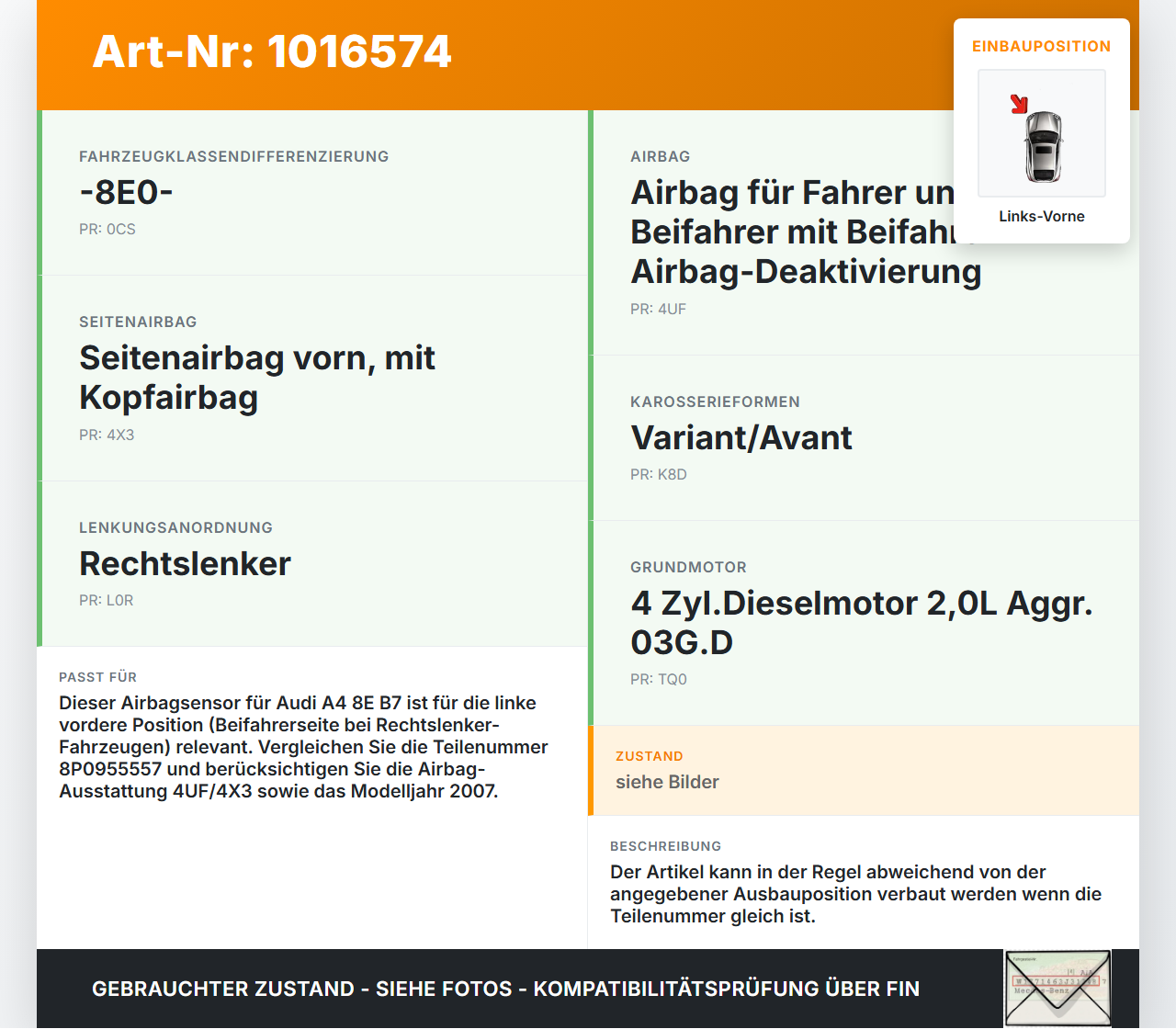 Audi A4 8E B7 04-08 Sensor Airbag Crashsensor Airbagsensor Links Vorne Audi A4 8E B7 04-08 28.03.2007 f8P0955557... Vorschau 3