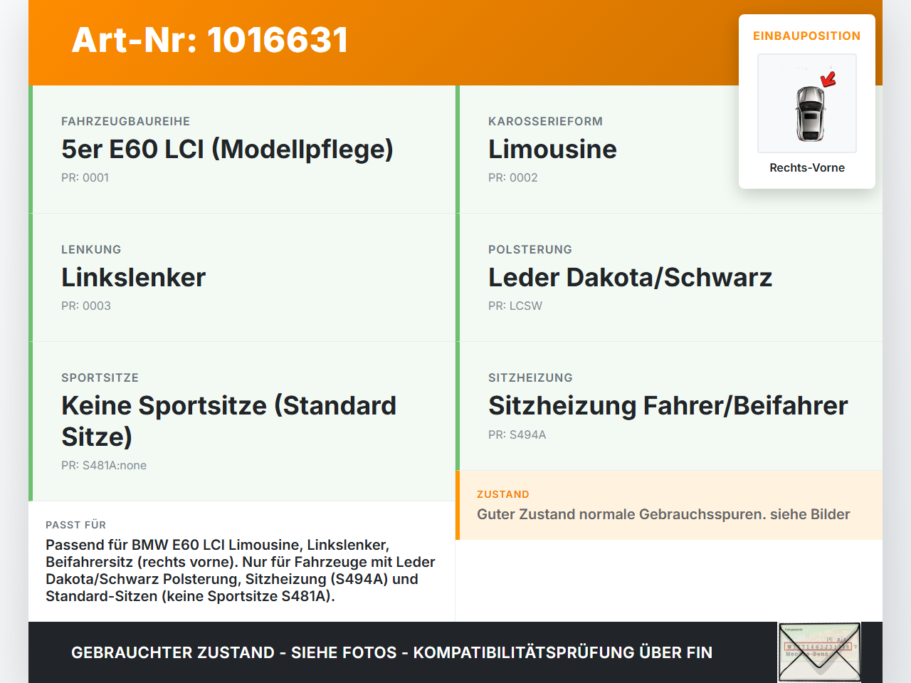 BMW E60 525i LCI 07-10 Lim Sitzbezug Sitzpolster für Beifahrersitz Rechts Vorne beheizt BMW E60 525i LCI 07-10... Vorschau 3