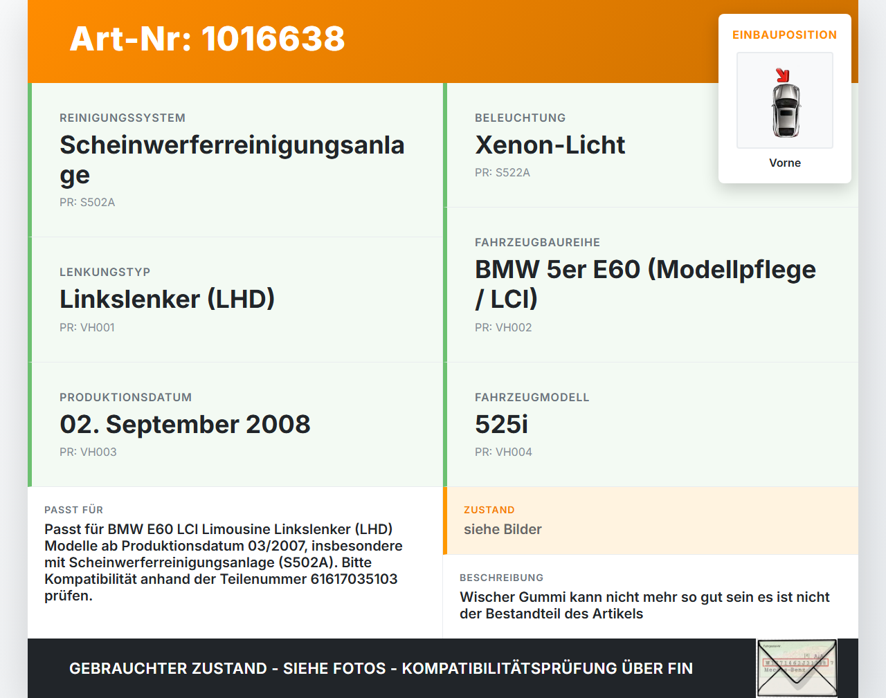 BMW E60 525i LCI 07-10 2x Scheibenwischer Wischarm Vorne BMW E60 525i LCI 07-10 06.10.2008 9449959 61619449959... Vorschau 3