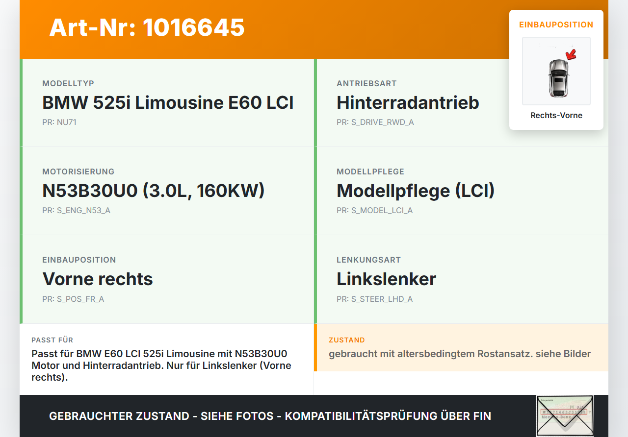 BMW E60 525i LCI 07-10 3.0 160KW Achsschenkel Radnabe Rechts Vorne BMW E60 525i LCI 07-10 06.10.2008 3121-6760954... Vorschau 3