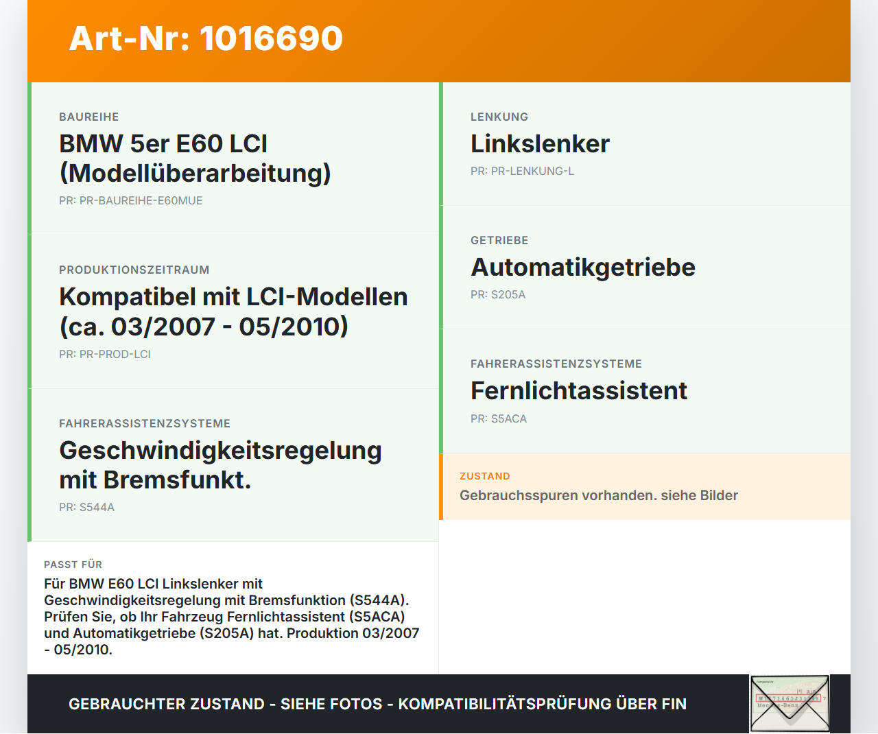BMW E60 525i LCI 07-10 Lenkstockschalter Tempomat Bedienung BMW E60 525i LCI 07-10 06.10.2008 61316951352 6951352... Vorschau 3