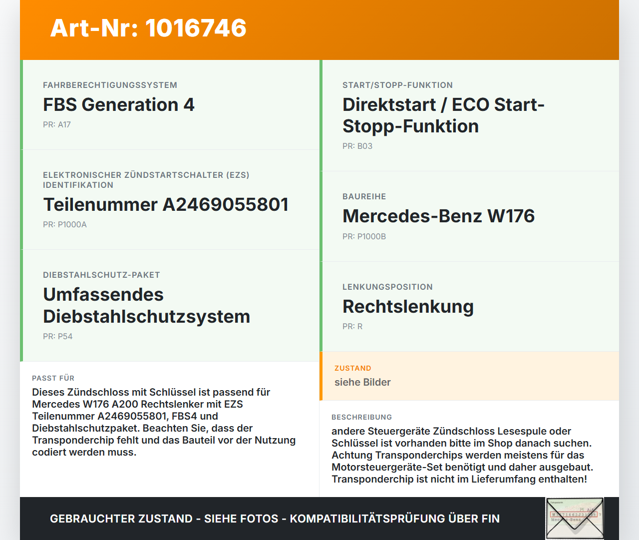 Mercedes W176 A200 12-15 Zündschloss Schlüssel Mercedes W176 A200 12-15 28.01.2015 A2469055801 10103666-00 gebraucht Vorschau 3